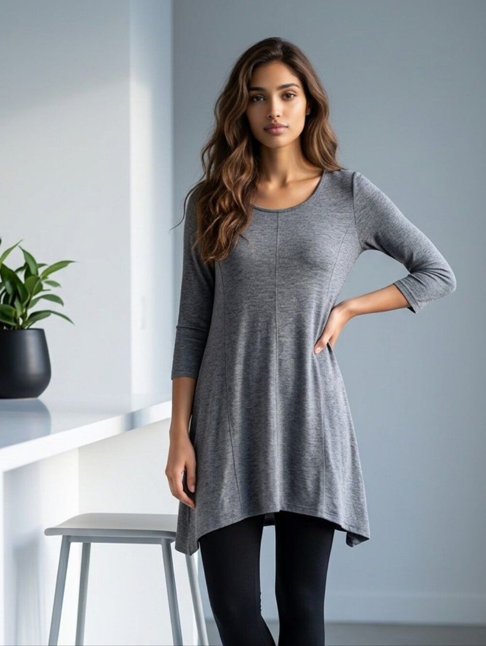 Altar’d State Charcoal Gray Asymmetric Hem Jersey Knit Tunic Mini Dress M